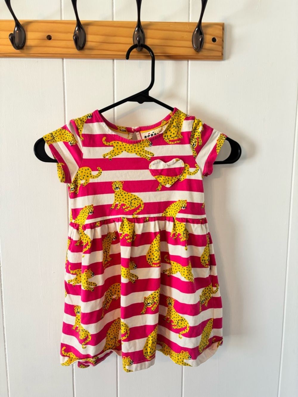 Mini Boden Pink & White Striped Dress with Yellow Leopard Motif